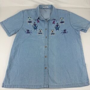 Vintage 90s PASSION Embroidered Denim Shirt Women Colorful‎ Southwest/Ethnic-XL